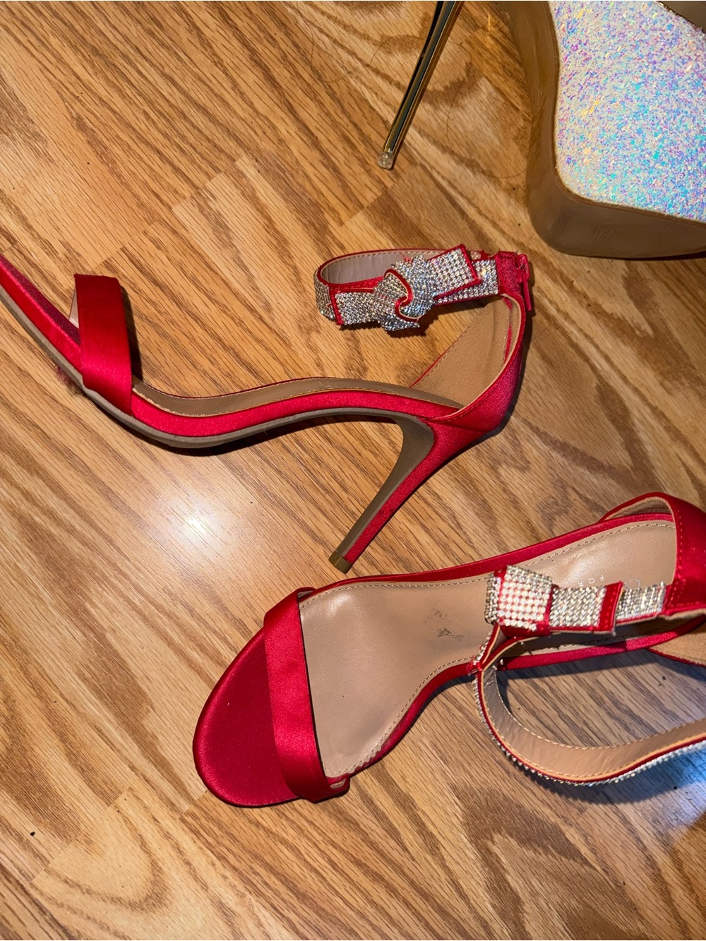 Christian Siriano Red Satin Stiletto Sandals with Crystal Buckle